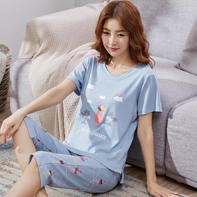 Pure cotton two-piece pajamas for women, spring and autumn short-sleeved capri pants, autumn and winter for women, and summer for thin outerwear