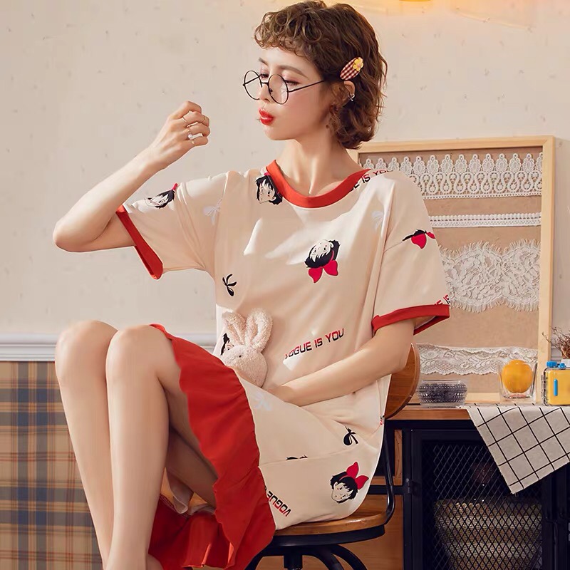 This summer pure cotton short-sleeved Korean style fresh student loose pajama long cute cartoon dress can be worn outside details Picture