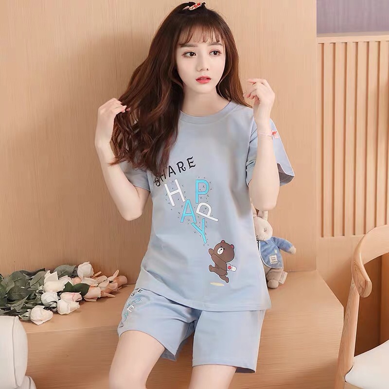 2020 New summer light pure cotton two-piece set for women, short sleeves and shorts, Korean style cute home wear