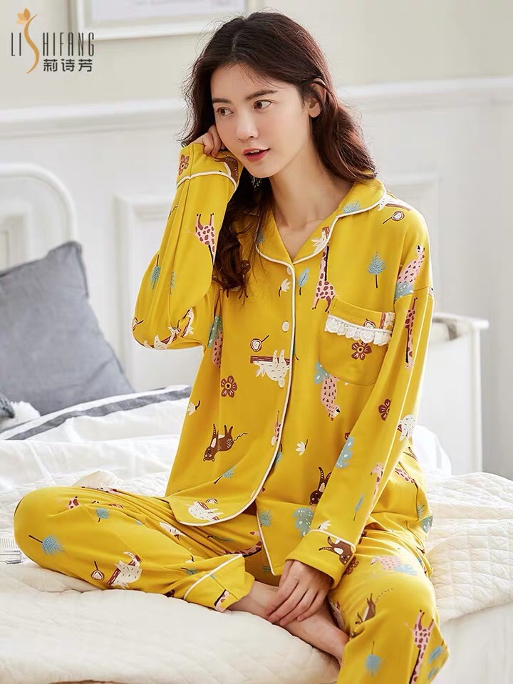 Lishifang pure cotton pajamas for women, spring and autumn long-sleeved, oversized, winter cardigan, all-cotton outerwear, simple home wear details Picture