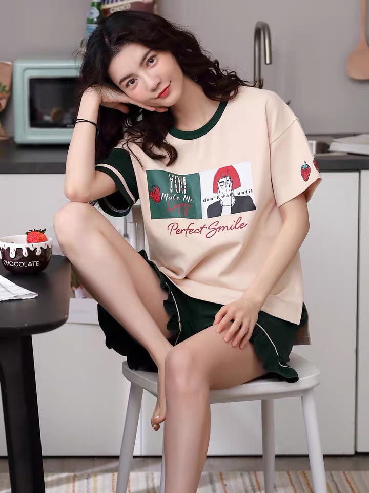 New women's summer pajamas, pure cotton short-sleeved, thin two-piece home wear for spring, autumn and summer details Picture