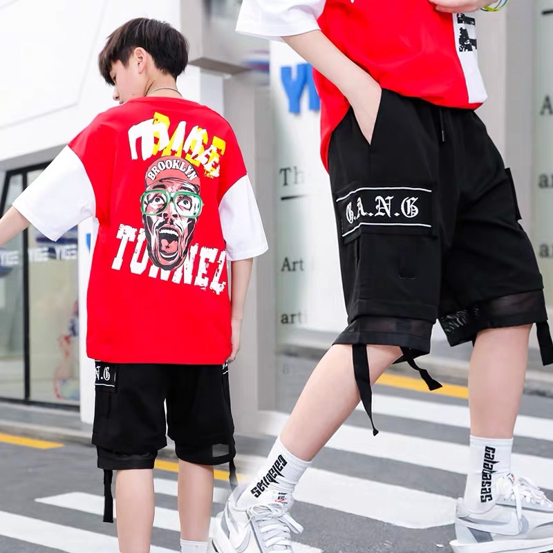 蓝色图案印花短袖圆领T恤细节图