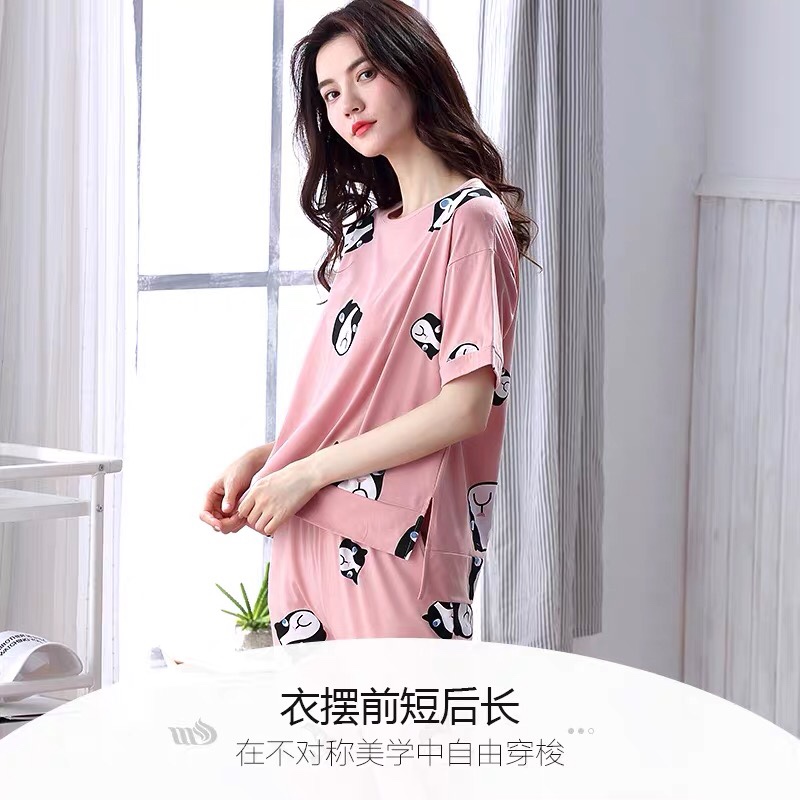 Mulong Family Pajama Women's Summer short-sleeved and Long Pants Set, Pure cotton home Wear Women's summer Loose two-piece set, all cotton details Picture