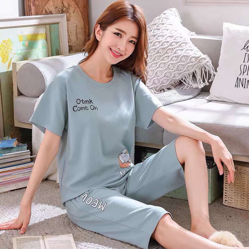 Pure cotton two-piece pajamas for women, spring and autumn short-sleeved capri pants, autumn and winter for women, and summer for thin outerwear details Picture