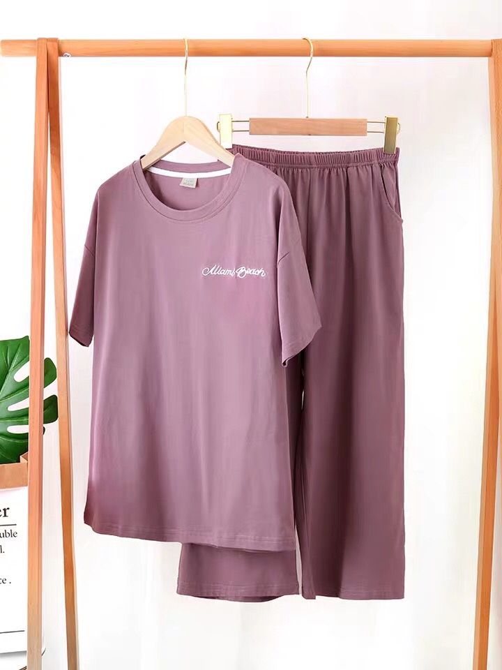 Summer pajamas for women, short-sleeved pure cotton capri pants, casual and suitable for going out. Summer home wear set, two-piece, thin style details Picture