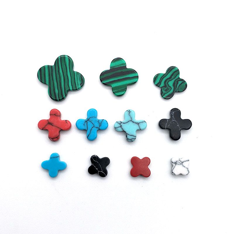 Jewelry accessory: Synthetic malachite four-leaf clover fan-shaped small dress, double flat ring face set with flat-bottomed veneer bare stone 1 details Picture