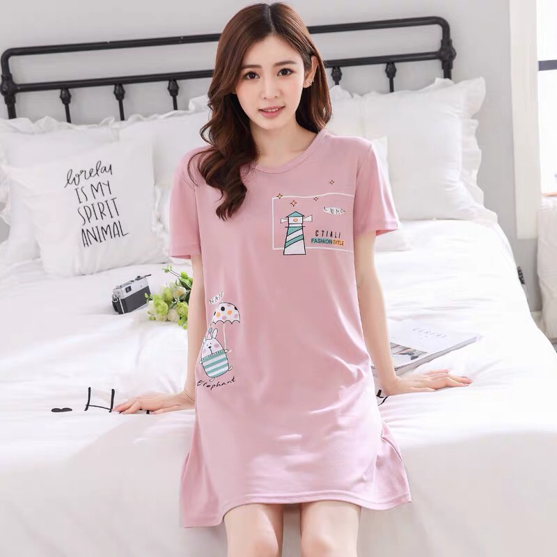 This summer pure cotton short-sleeved Korean style fresh student loose pajama long cute cartoon dress can be worn outside Specification image