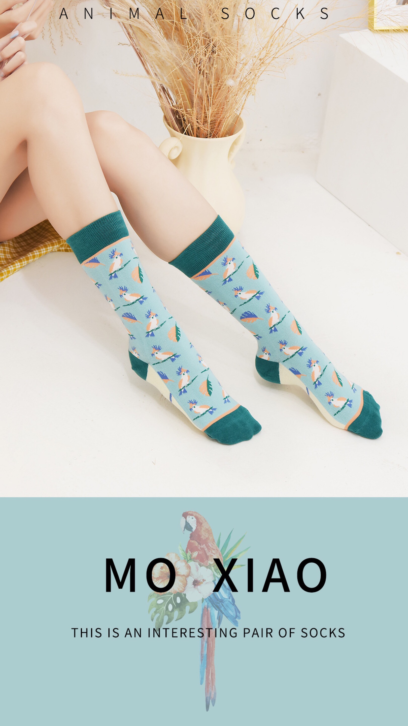 MOXIAO's new straight women's trendy socks with a European and American style featuring phoenix and flamingo patterns Item Picture