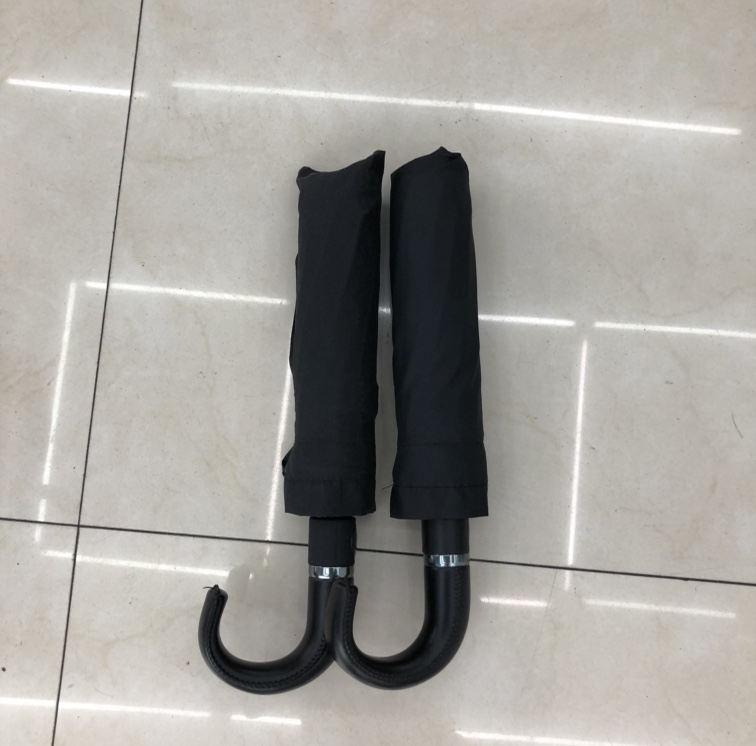 Three-fold leather handle automatic black umbrella