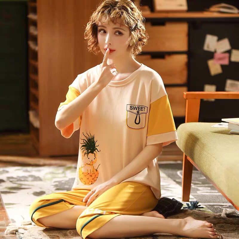 Pajama women's summer short-sleeved capri pants, pure cotton loose and cute cartoon all-cotton summer women's home wear set