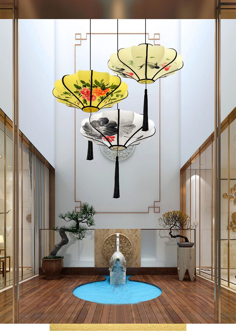 40中式仿古灯笼古典手绘画水墨画灯笼酒店餐厅茶楼布艺装饰吊灯详情图2