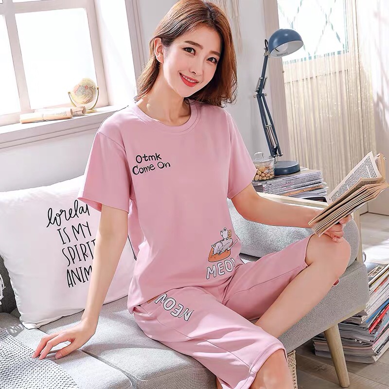 Pajama women's summer short-sleeved capri pants, pure cotton loose and cute cartoon all-cotton summer women's home wear set for women