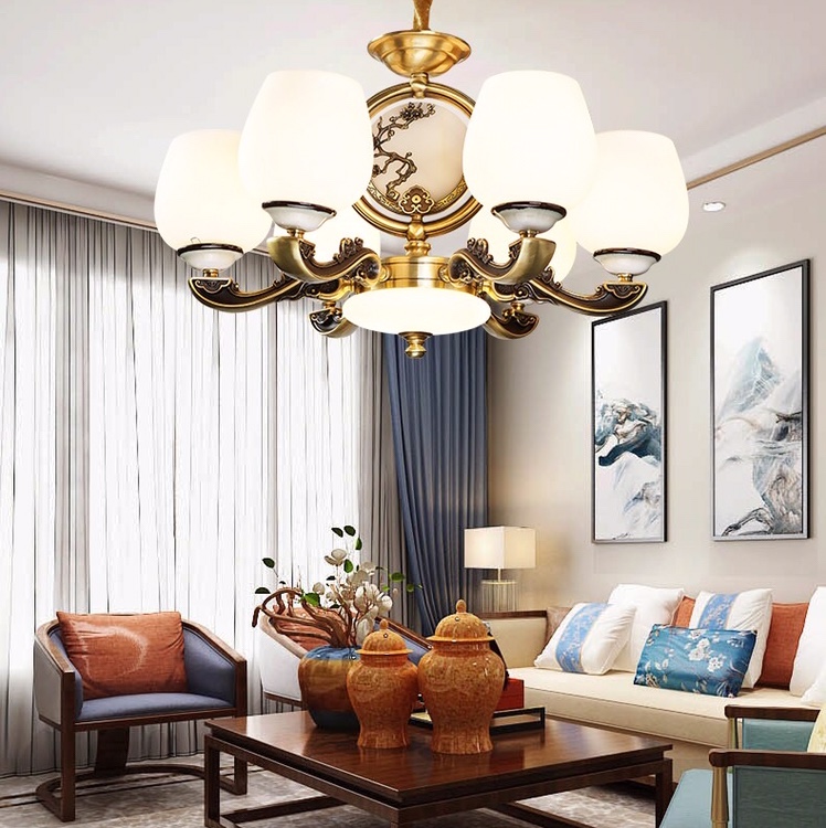 The new spring collection of the Chinese trend new Chinese-style Wood Forest is a 6-head pendant lamp made of zinc alloy and jade glass with a lustrous and smooth texture