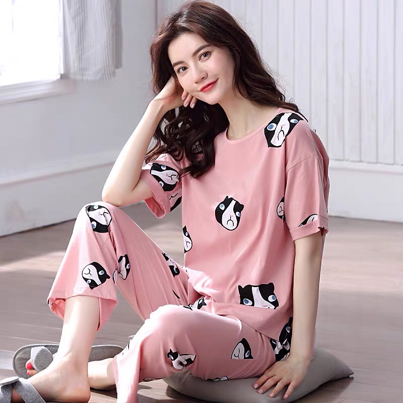 Mulong Family Pajama Women's Summer short-sleeved and Long Pants Set, Pure cotton home Wear Women's summer Loose two-piece set, all cotton Specification image