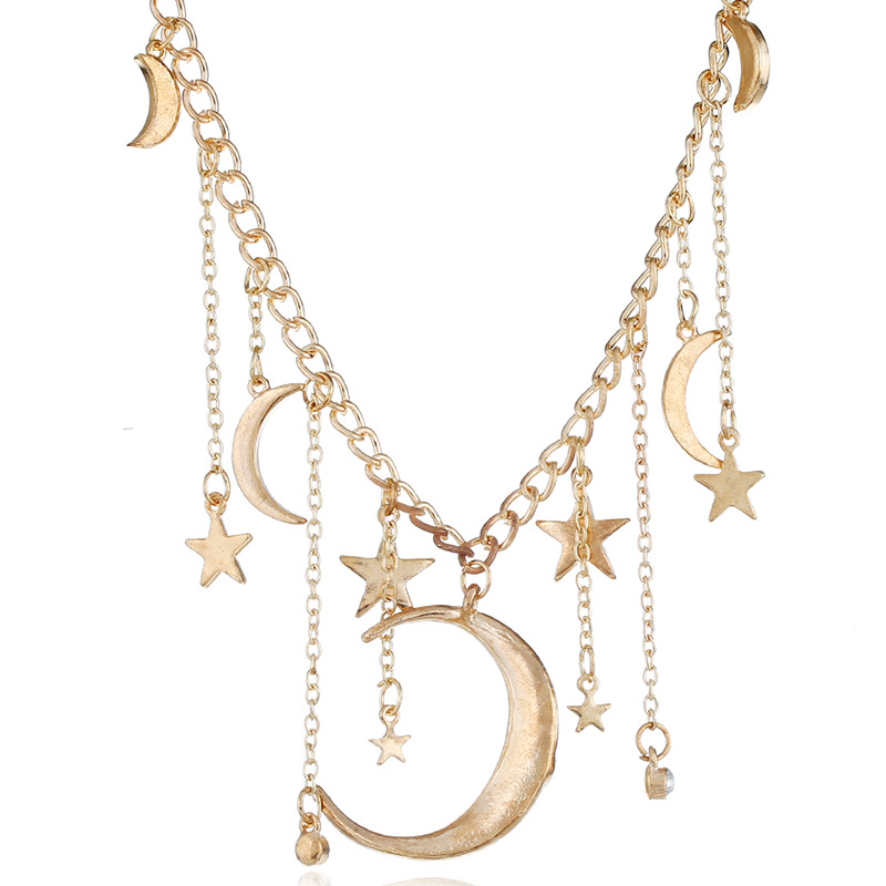 跨境货源欧美时尚饰品批发 合金镶钻多吊坠星星月亮女士短款项链