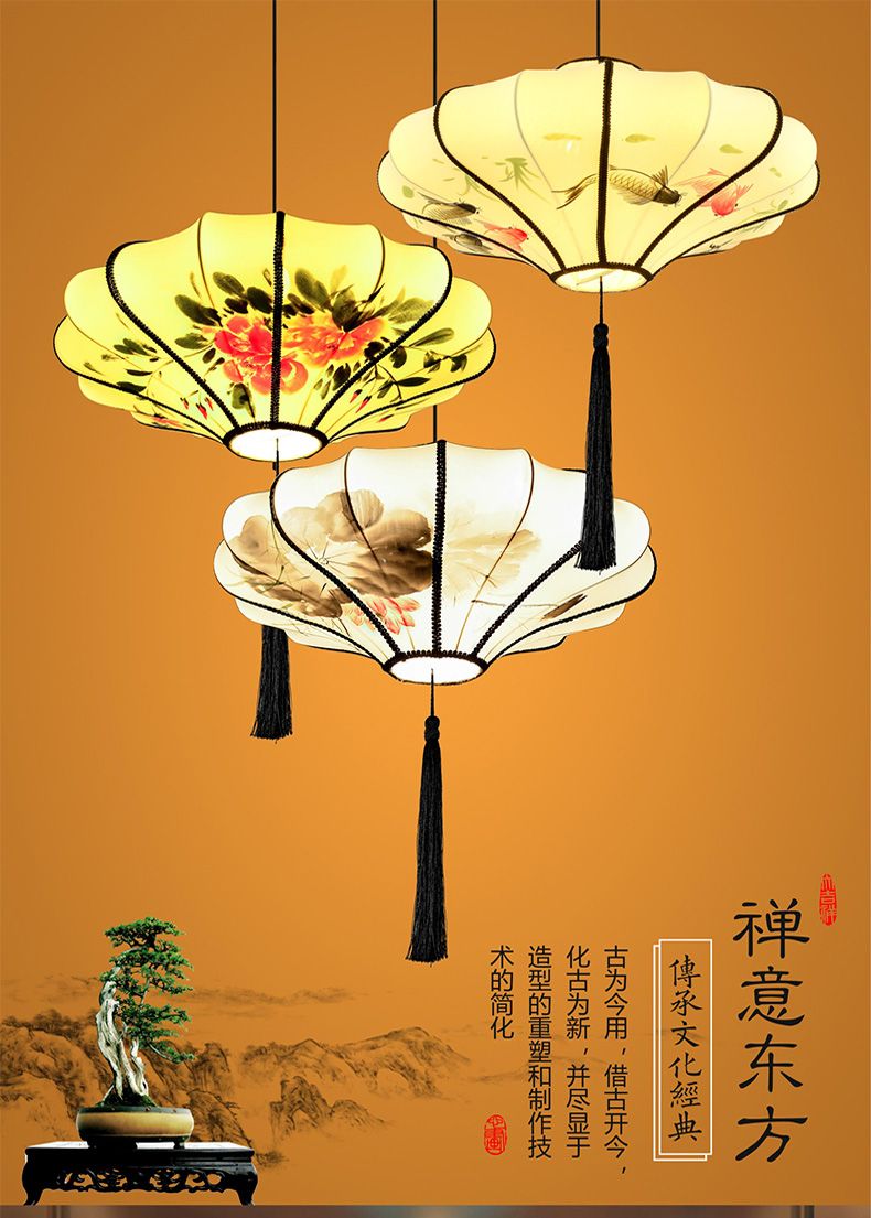 40中式仿古灯笼古典手绘画水墨画灯笼酒店餐厅茶楼布艺装饰吊灯详情图1