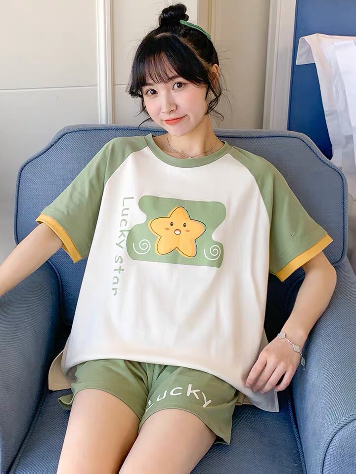 Short-sleeved home pajamas for women, pure cotton thin Korean-style student summer cute star casual set home wear for summer details Picture
