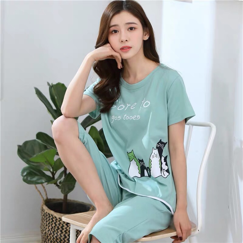 Pure cotton two-piece pajamas for women, spring and autumn short-sleeved capri pants, autumn and winter for women, and summer for thin outerwear Specification image