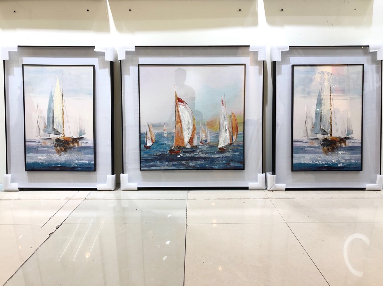 现代简约轻奢风格沙发背景手绘油画三联画尺寸60.80 80.80