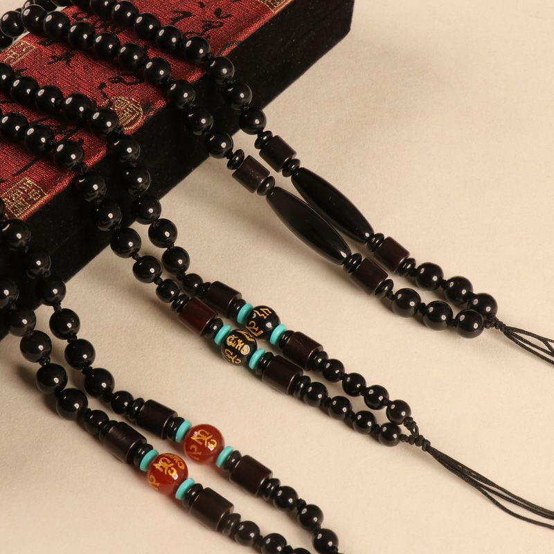 8 mm black beads and agate hand-woven necklace rope