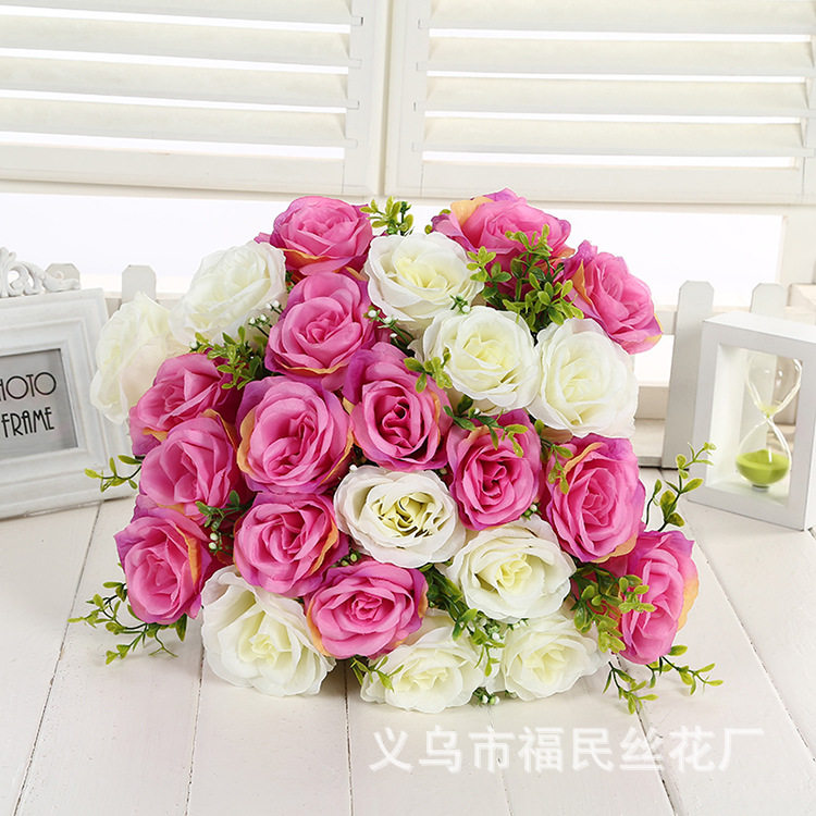 福民丝花厂家批发仿真花 室内装饰 绢花  婚庆手捧花  24头玫瑰喜庆花