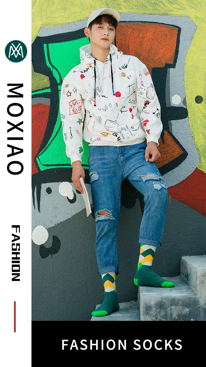 MOXIAO's new classic checkered color-blocking mid-calf men's socks mix colors details Picture