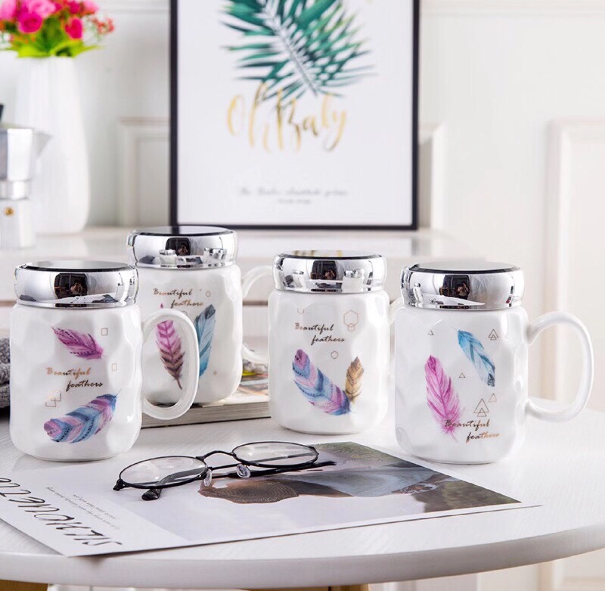 Personalized ceramic mirror cups, creative water cups, tea cups with LIDS, factory direct sales