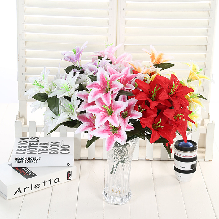 义乌福民丝花厂家批发 仿真百合花10头百合仿绢花 婚庆装饰花仿真花客厅装饰