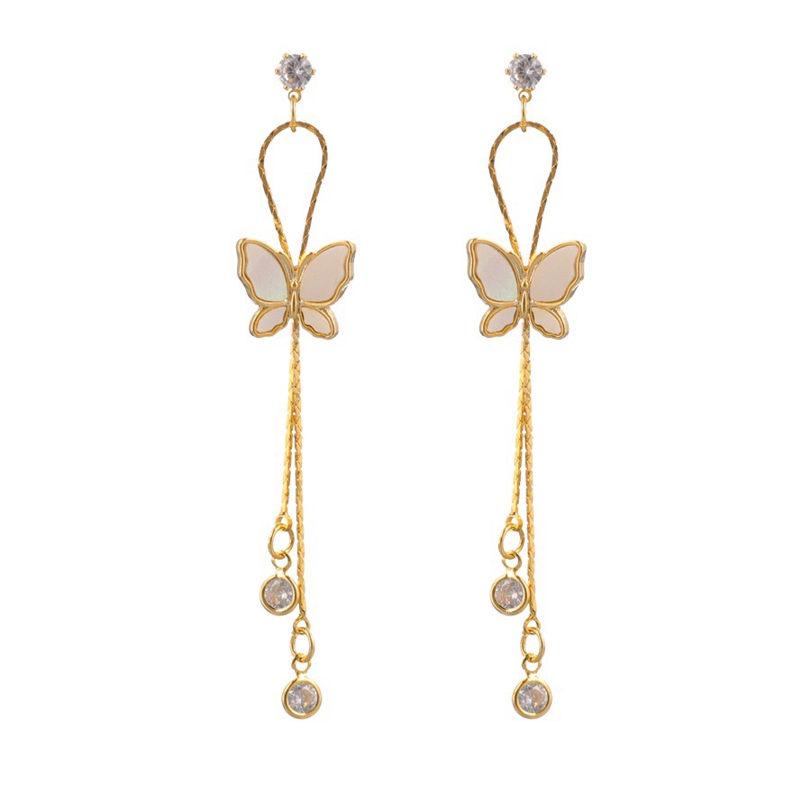 S925 Silver needle earrings, Super fairy-like, Korean-style tassel charm, internet-famous happiness earrings, simple little butterfly, diamond-encrusted stud, pomelo ear undefined