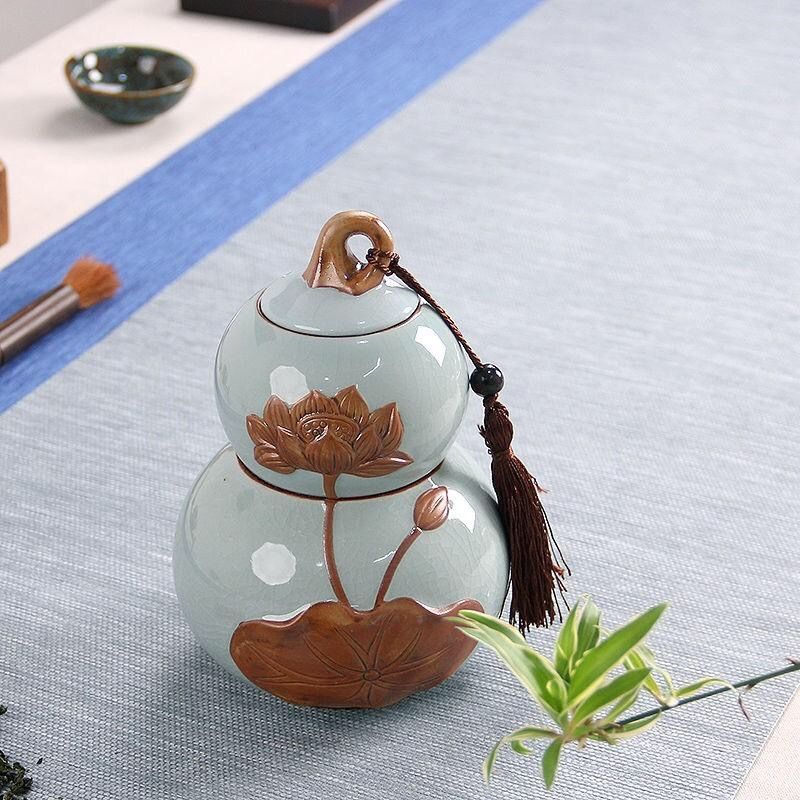 琨琨陶瓷 大号哥窑双层葫芦茶叶罐储物罐防潮密封罐茶道配件安全包装 048