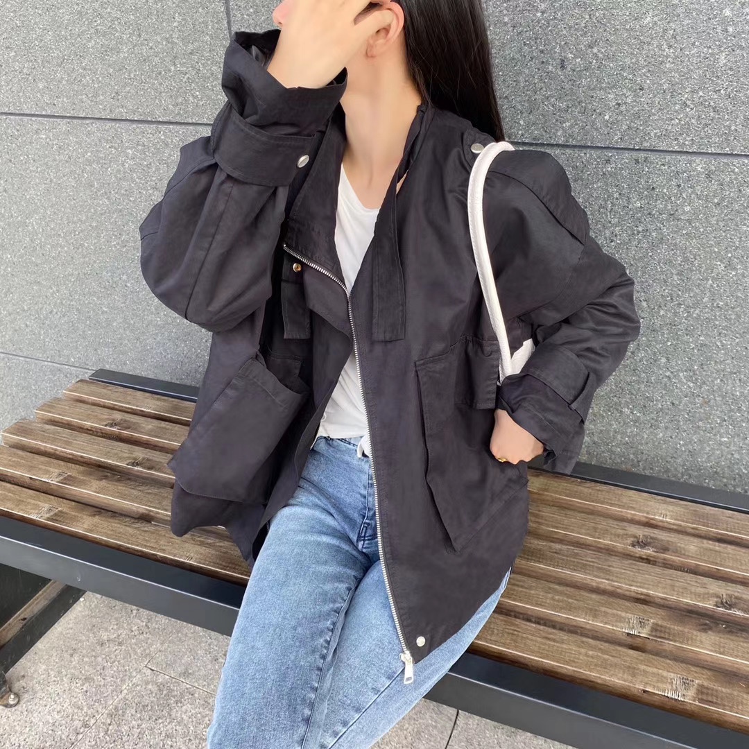 Early autumn new South Korean ins loose casual cargo short coat women's large pocket zipper trench coat tide
