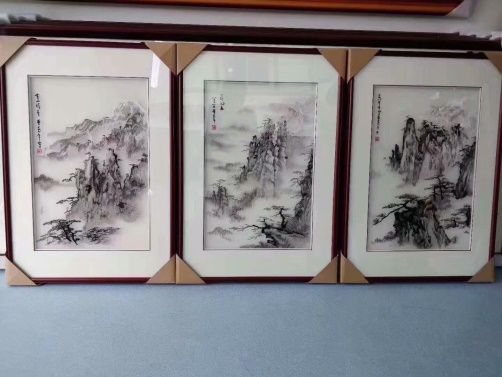 新款式爆款 60*85立体绣 新中式三联画客厅玄关餐厅装饰挂画