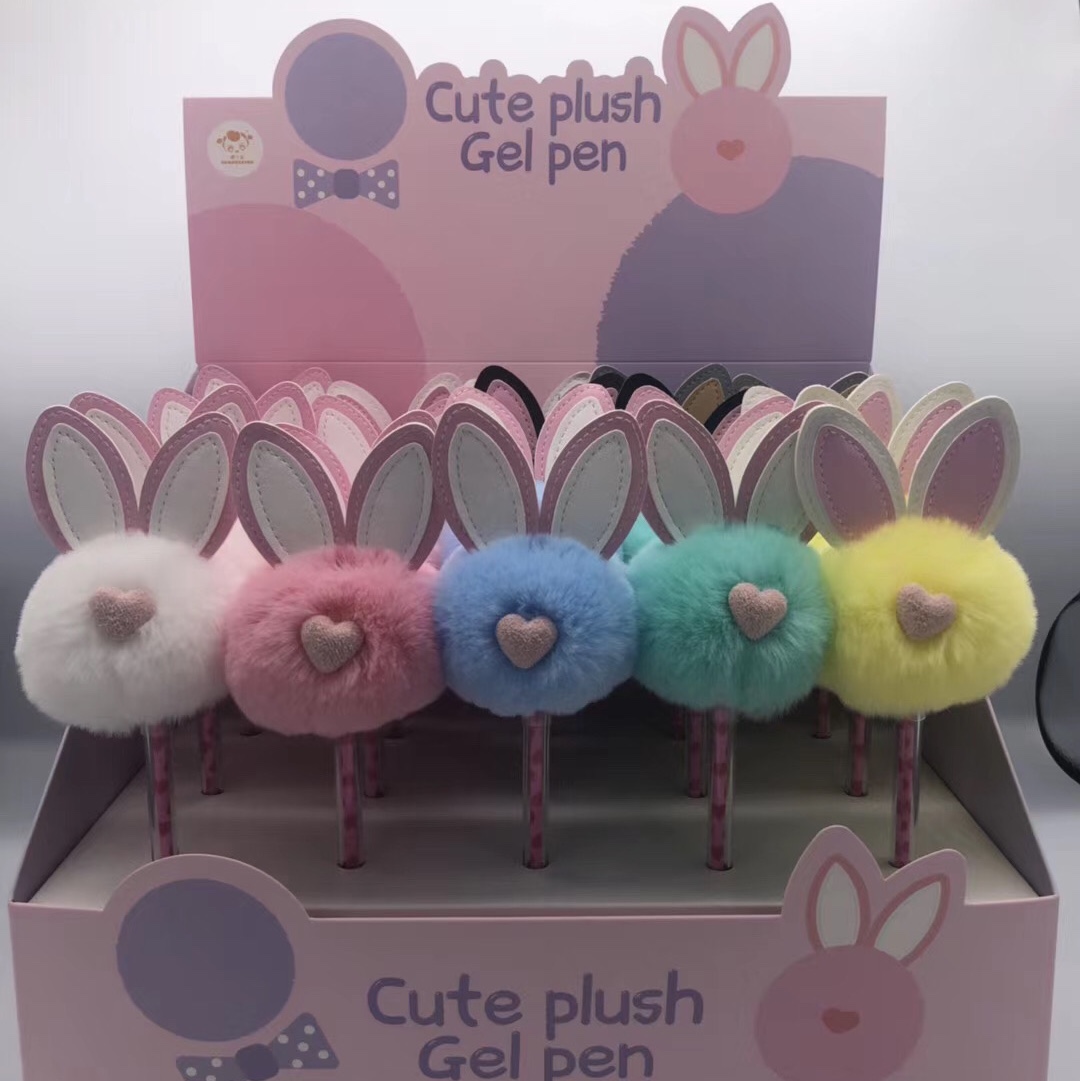 Korean version creative plush rabbit ear round ball gel pen, cute and practical, student writing craft pen custom wholesale