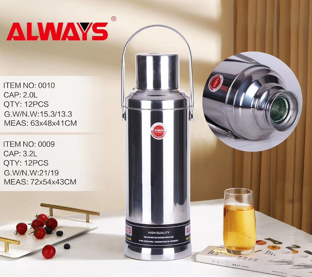 2.0-Liter Stainless Steel Shell Household Thermos Flask With Glass Inner Liner, Dormitory Cold And Heat Preservation Bottle