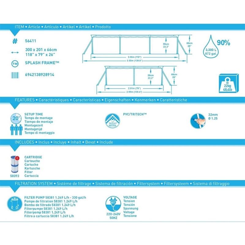 300 x 201 x 66cm steel professional splash-proof frame swimming pool set with filter pump Specification image