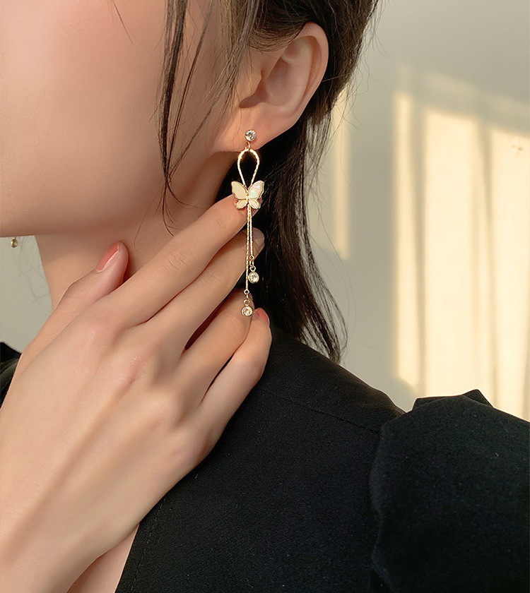 S925 Silver needle earrings, Super fairy-like, Korean-style tassel charm, internet-famous happiness earrings, simple little butterfly, diamond-encrusted stud, pomelo ear Specification image