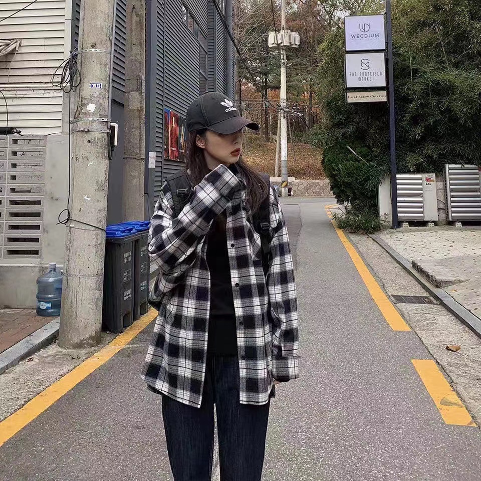 Spring new lazy style sub shirt female student Korean version of loose medium long bf long-sleeved shirt coat