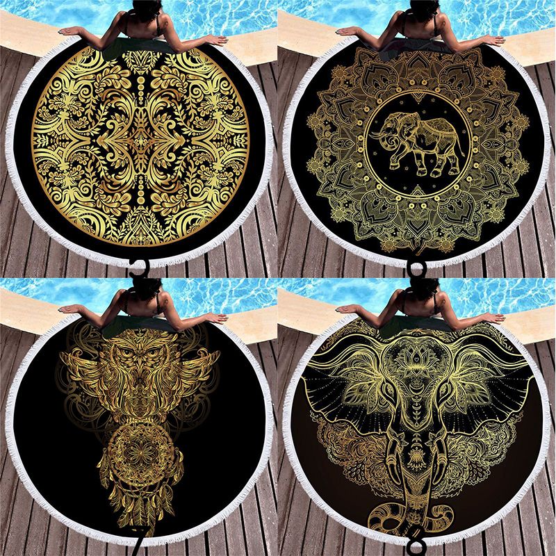 Europe And The United States Sell Round Spread Dreamnet Elephant Black Beach Towel Printed Tassel Shawl Turtle Absorbent Terry Cloth details Picture