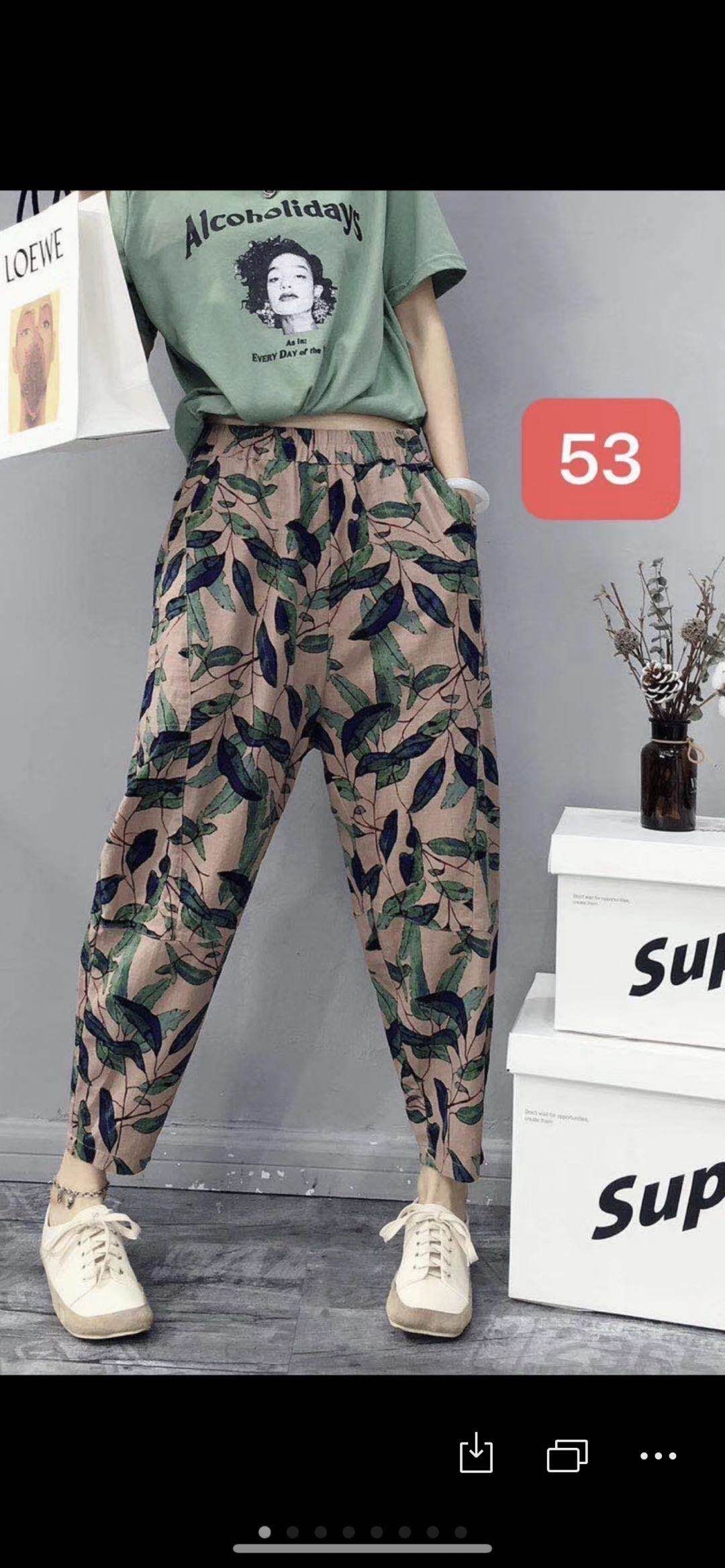 Cotton and linen casual flowered pants