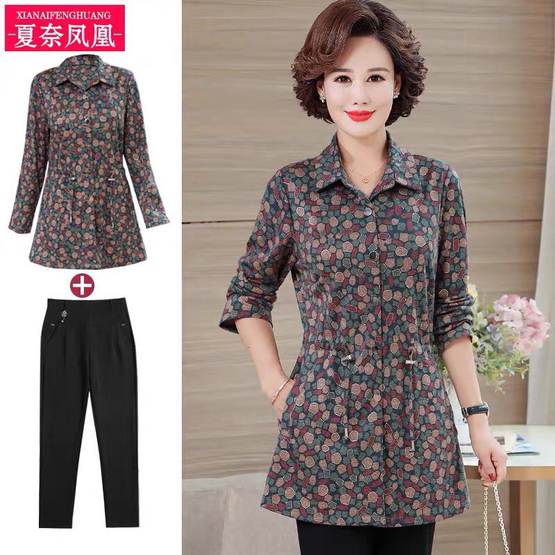 Mediana edad madre groove top mujer 2020 nuevo conjunto de dos piezas ropa de verano camisa manga larga otoño slim 17