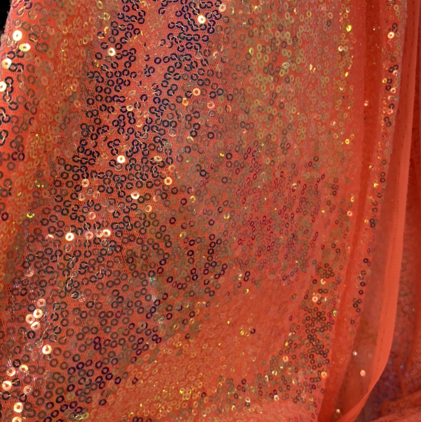 橙色厂家直销定制满幅珠片亮片布料面料亮片珠片绣花布网布网纱布料
