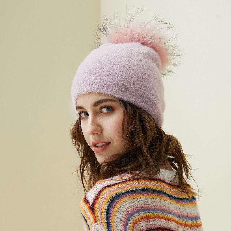 新款时尚帽子女浣熊毛球豆豆帽冬季保暖羊毛帽绒球针织帽