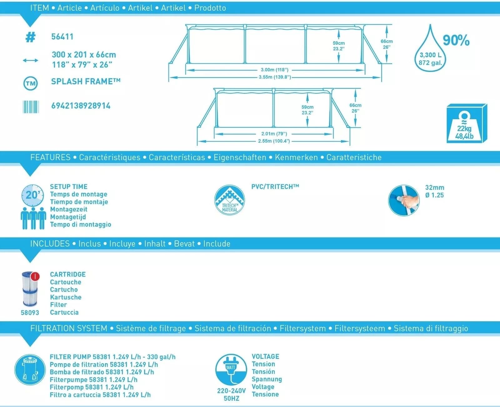 300 x 201 x 66cm steel professional splash-proof frame swimming pool set with filter pump detail image 3