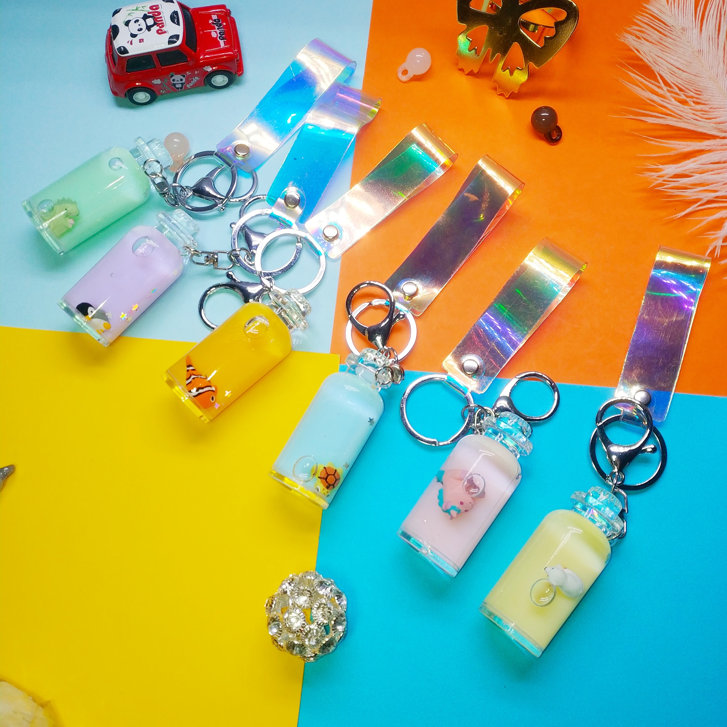 Cute Girl Heart Floating Ocean Doll Key Chain Creative Water World Animal Quicksand Key Chain Bag Pendant details Picture