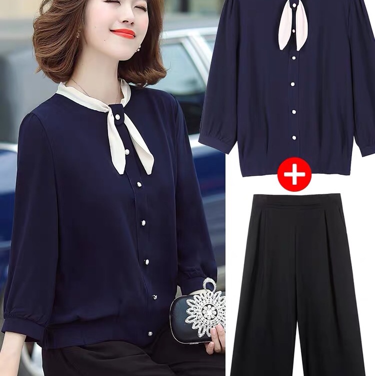 Middle-aged mom's stylish top for women 2020 new style two-piece set, summer long-sleeved shirt for middle-aged and elderly, autumn thin