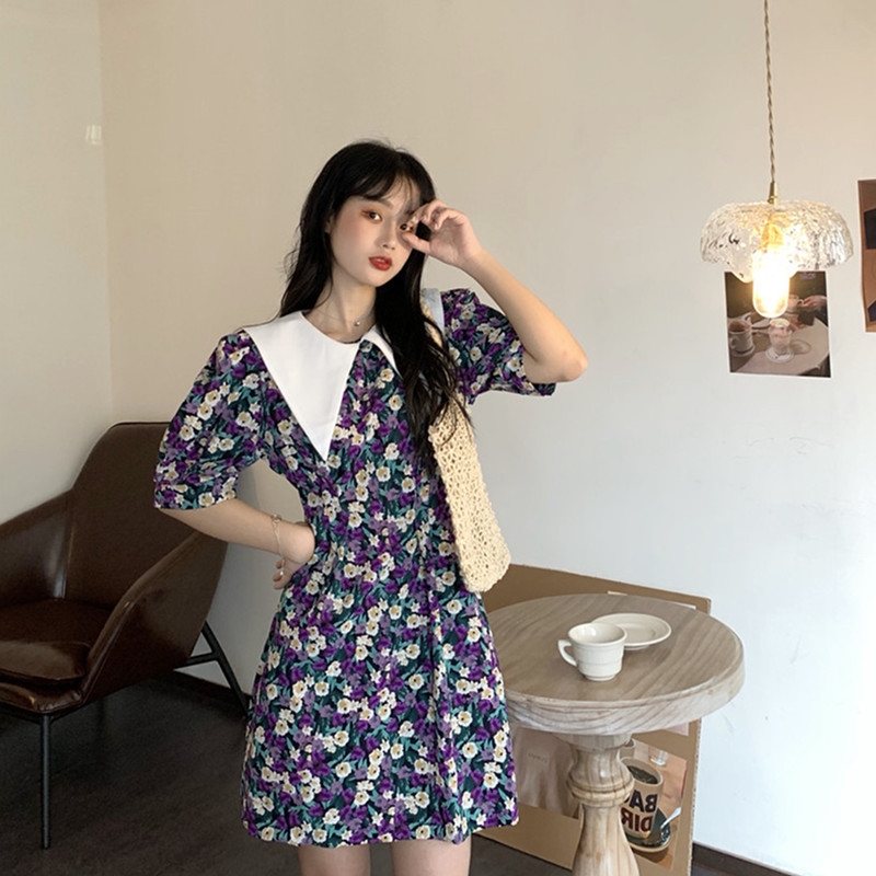 泡泡袖甜美显瘦洋气法式复古浪漫撞色翻领碎花连衣裙细节图