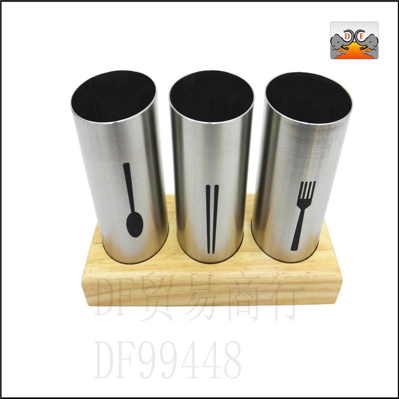 DF99448  木座三孔筷子筒不锈钢木座木架筷子筒收纳筒创意厨房沥水餐具套装DF TRADING HOUSE