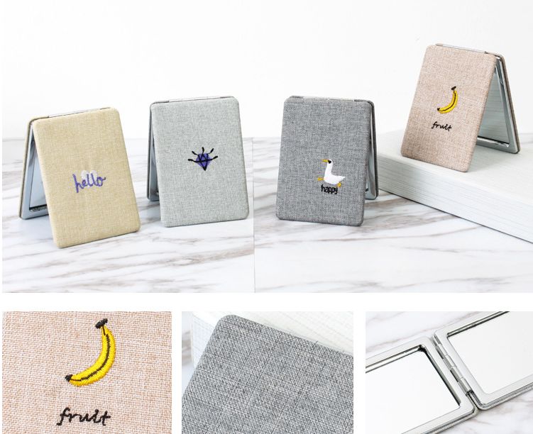 双面刺绣折叠化妆镜 便携随身麻布小方镜双面折叠镜详情图2