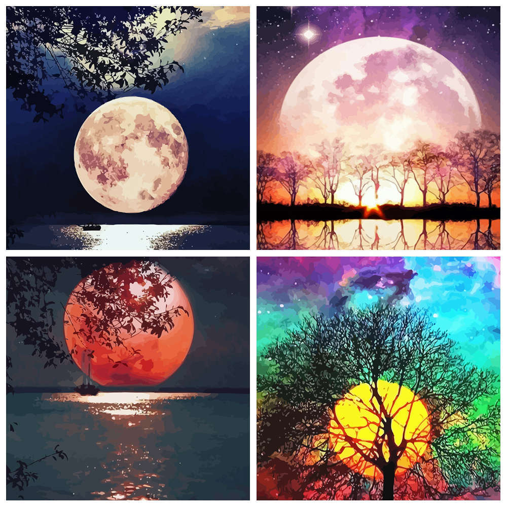 Foreign trade best-selling combination digital oil painting diy landscape moon scene Foreign trade wholesale frameless hand-painted living room decoration painting