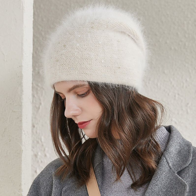 女士针织冬帽厚实保暖安哥拉兔毛长发水钻帽子女时尚优质冬帽